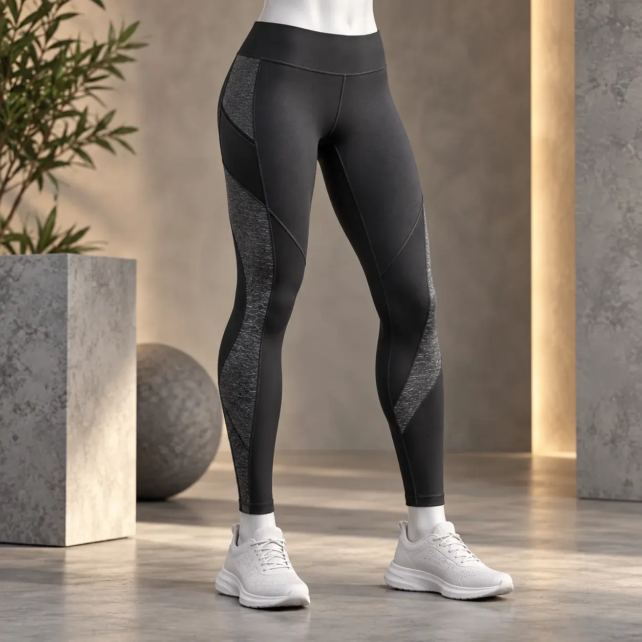 Black unisex performance leggings with charcoal contrast side panels and athletic seam detailing, displayed on a mannequin in a modern studio setting.